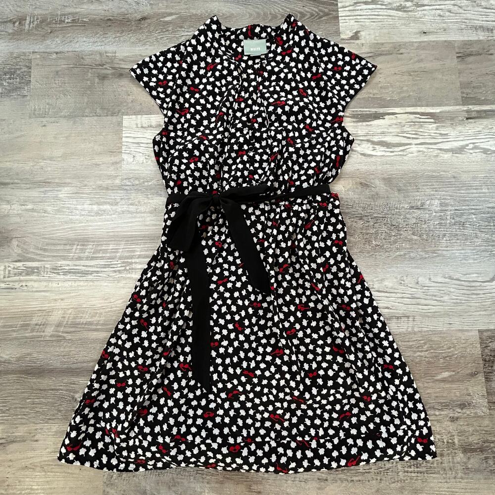 Maeve Anthropologie Black Red Novelty Print Button Front Dress Retro Fall Twee S
